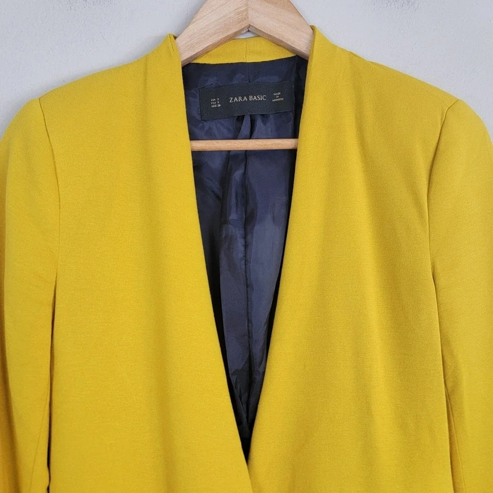 Zara Basic Blazer Women S Yellow Polyester Crop Zip Pocket Open Front LongSleeve